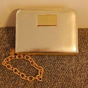 Versace Parfums gold zip around vegan laather women's wristlet chain lin…